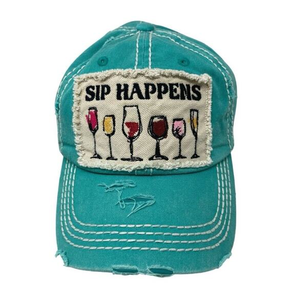 SIP HAPPENS Distressed Baseball Cap Hat Adult Green Embroidered Adjustable - Picture 1 of 9